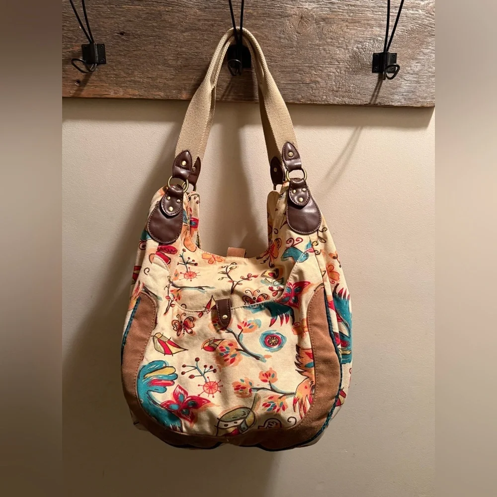 Lucky Brand Large Canvas Floral Bird Butterfly Hobo Bag - Picture 1 of 12